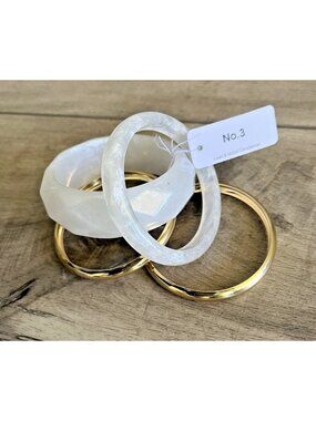 White & Gold Bangle Bracelet Stack Set of 4 Quiet Luxury Coastal Boho Peasant